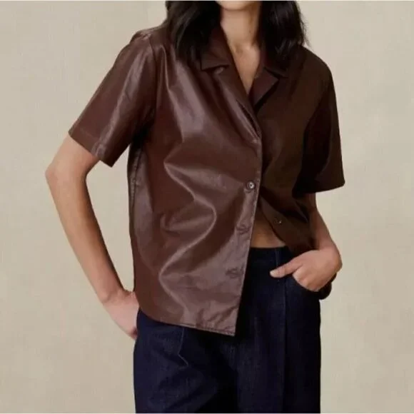 NWT Banana Republic Factory Brown Faux Leather Button Front Short Sleeve Top XL - Picture 1 of 6